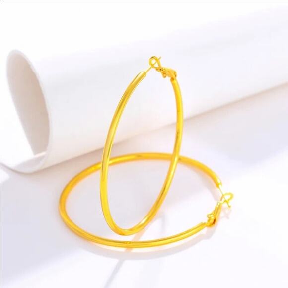 Gold Hoops, 50mm, Thin, Lightweight, Gold Plated, Punk - Picture 3 of 10